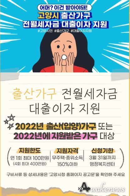 고양시 출산가구, 전월세자금 대출이자 100만원 받는다
