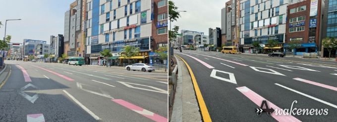 처인구가 통일공원 삼거리 일원 도로를 재포장했다. 사진은 전후 모습