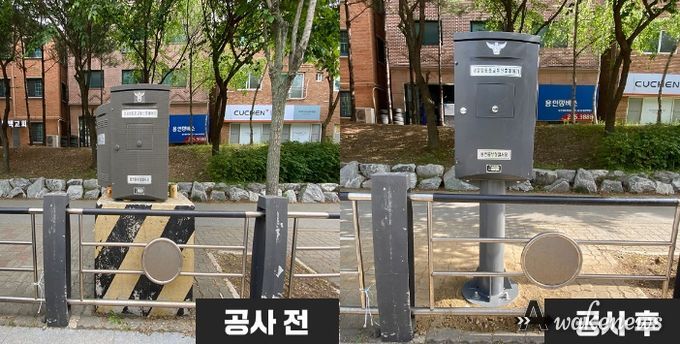 기흥구가 동백동 호수마을자연앤데시앙 삼거리 등 38곳의 노후한 교통신호제어기를 교체했다. 구형 콘크리트 좌대(사진 왼쪽)를 쓰고 있는 4곳은 신형 철주 좌대(오른쪽)로 바꿨다.