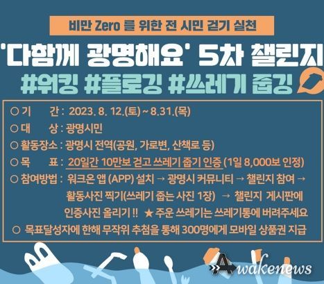 광명시 보건소는 시민들의 걷기 실천 활성화와 비만 예방을 위해 오는 12일부터 31일까지 ‘플로깅(Plogging)’으로 2023년 제5회 ‘다함께 광명해요 건강 걷기 챌린지’를 운영한다