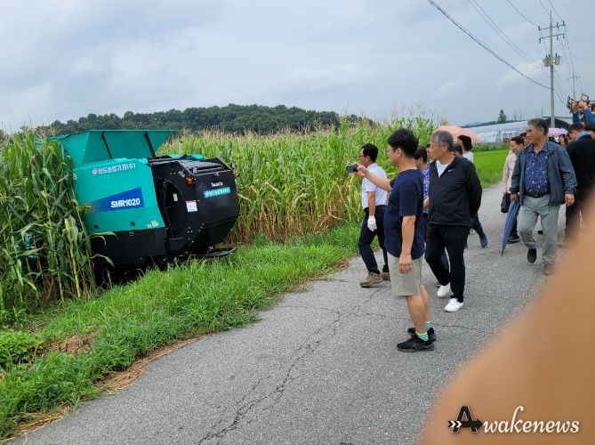 용인특례시 농업기술센터가 구입한 사료용 옥수수 수확기를 축산농가에 임대한다. 지난 11일 처인구 근곡리에서 축산농가를 대상으로 옥수수 수확기를 시연했다.