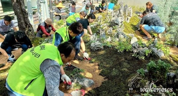 관내 자원봉사단체(원미사랑탄소중립실천단)를 포함한 지역주민 30여 명이 부천여성청소년센터 화단을 이끼생태정원으로 조성하는 데 힘을 모았다
