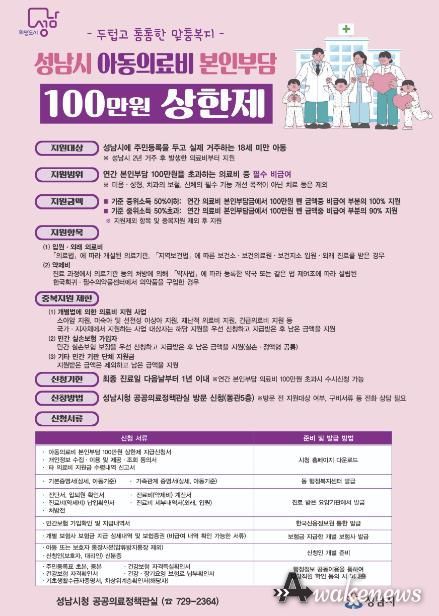 성남시, 아동의료비 본인부담 100만원 상한제 지원액 3배 늘어