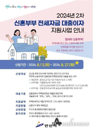 안산시, 2차 신혼부부 전세자금 대출이자 지원 대상자 모집