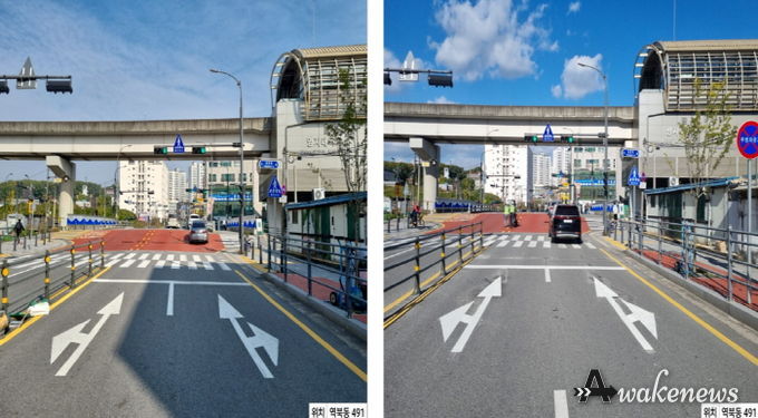 횡단보도와 차량정지선 이격거리를 5m로 확대한 처인구 역북동 491번지의 모습. 사진은 이격거리 확대 전(좌)과 확대 후(우)의 모습.