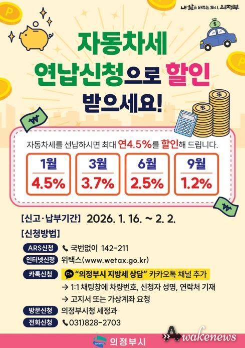 의정부시, 1월 자동차세 연납 시 4.5% 할인