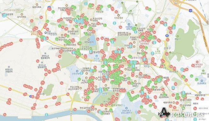 안산시 생활정보지도에 표시된 '자전거 편의시설 위치정보' 사진