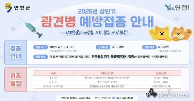 연천군, 2026년 상반기 광견병 예방접종 실시