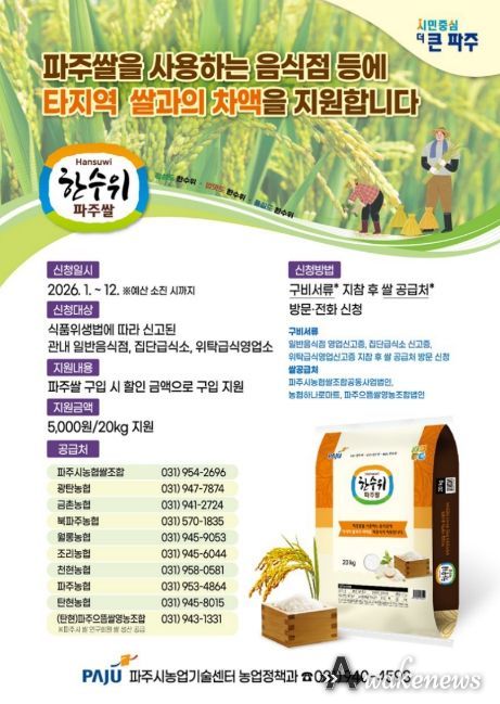 파주시, ‘고품질 파주쌀 음식점 등 차액지원사업’ 추진