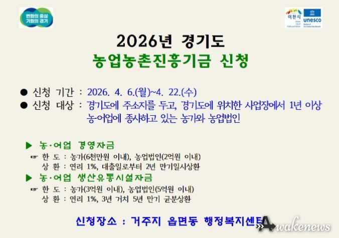 이천시, 2026년도 경기도 농업농촌진흥기금 지원사업 신청·접수